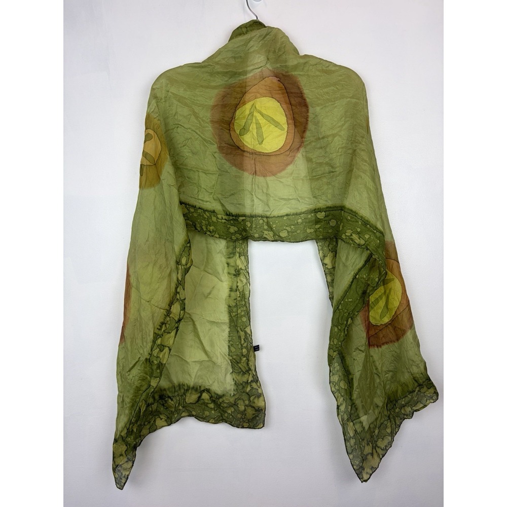 Silk Scarf Green Abstract Hand Painted Oblong Evening Artsy Boho Hippie